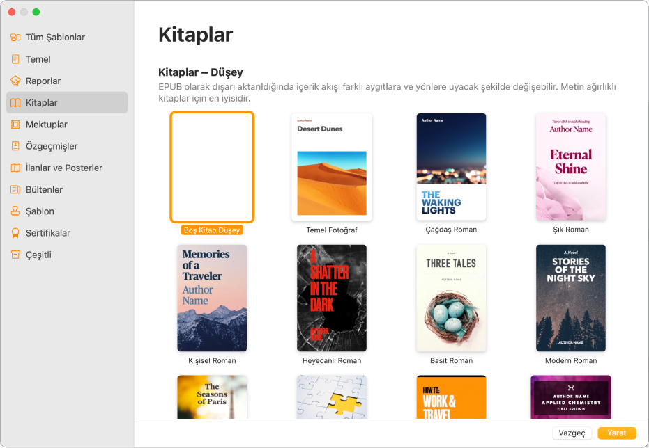 Soldaki kategori listesinde Kitaplar’ın seçili olduğu ve sağ tarafta düşey yönde kitap şablonlarının bulunduğu şablon seçici.