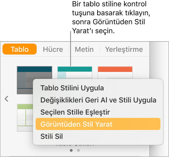 Tablo stili kestirme menüsü.