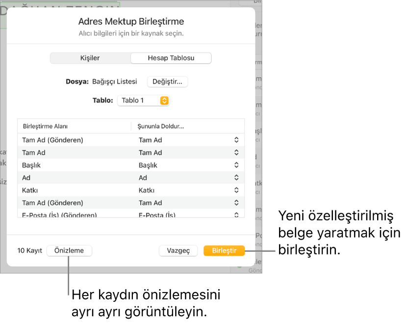 Kaynak dosyayı veya tabloyu değiştirme, birleştirme alanı adlarını veya ayrı kayıtları önizleme veya belgeyi birleştirme seçenekleri ile Adres Mektup Birleştirme bölümü açık.