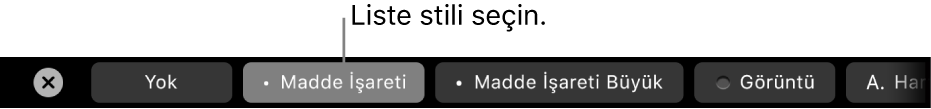 Liste stili seçme denetimleri ile MacBook Pro Touch Bar.