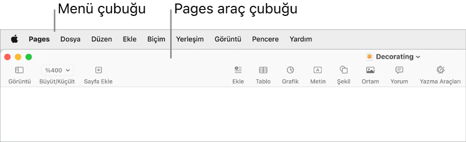 Elma menüsü, Pages, Dosya, Düzen, Ekle, Biçim, Yerleştirme, Görüntü, Pencere ve Yardım menüleriyle ekranın en üstündeki menü çubuğu. Menü çubuğunun altındaki açık bir Pages belgesinin en üstünde bulunan araç çubuğunda Görüntü, Büyüt/Küçült, Sayfa Ekle, Ekle, Tablo, Grafik, Metin, Şekil, Ortamlar, Yorum, Paylaşma ve Biçim düğmeleri var.