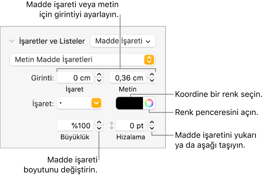 Madde işareti ve metin girintisi, madde işareti rengi, madde işareti büyüklüğü ve hizalaması için denetim belirtimlerini içeren İşaretler ve Listeler bölümü.
