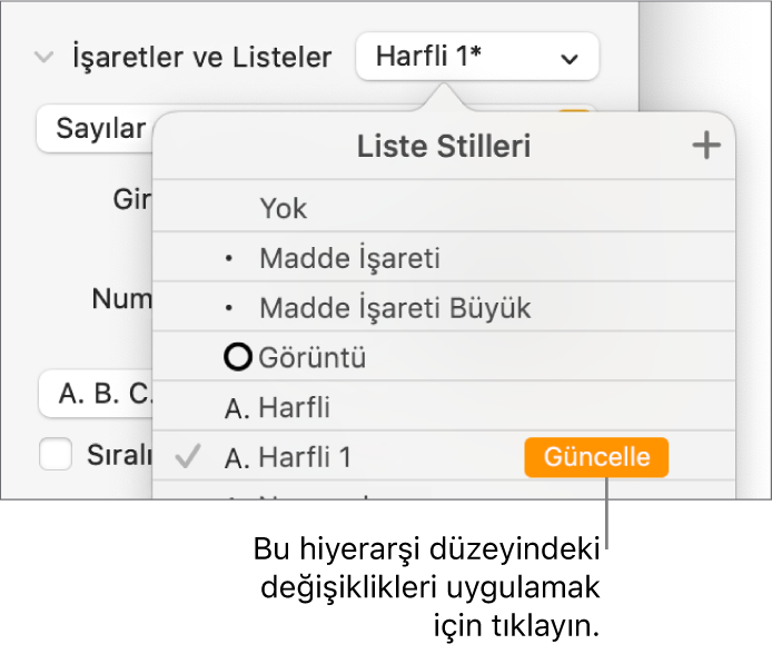Yeni stilin adının yanında Güncelleme düğmesi olan Liste Stilleri açılır menüsü.