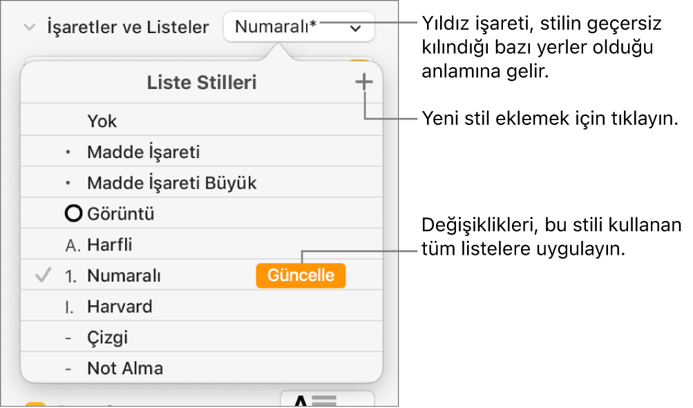 Bir geçersiz kılmayı gösteren bir yıldız işaretinin ve Yeni Stil düğmesi belirtimlerinin göründüğü Liste Stilleri açılır menüsü ve stilleri yönetme seçeneklerini içeren bir alt menü.