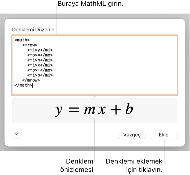 Denklemi Düzenle alanına girilmiş bir çizgi eğimi denklemi ve altta formülün önizlemesi.