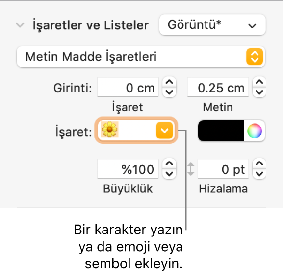 Biçim kenar çubuğunun Madde İşaretleri ve Listeler bölümü. Madde İşareti alanı bir çiçek emojisi gösterir.