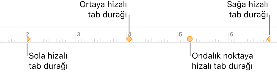 Sol ve sağ paragraf marjları, ilk satır girintisi ve sola, ortaya, ondalık noktasına ve sağa hizalama sekmeleri için işaretleyicili cetvel.