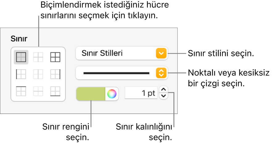 Hücre sınırlarına stil eklemeye ilişkin denetimler.
