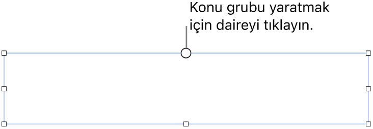 Üstünde beyaz bir daire, köşelerinde, kenarlarında ve altında büyüklük değiştirme tutamakları olan boş bir metin kutusu.
