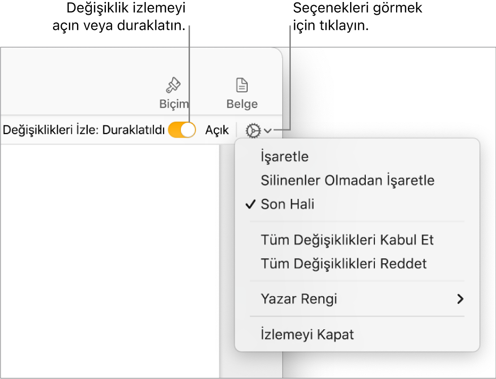 Alt kısımda İzlemeyi Kapat’ı ve İzleme Açık ve Durduruldu düğmesi belirtimlerini gösteren izleme seçenekleri menüsü.