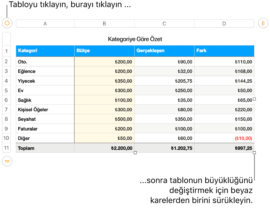 Yeniden boyutlandırma için beyaz kareleri bulunan seçili bir tablo.
