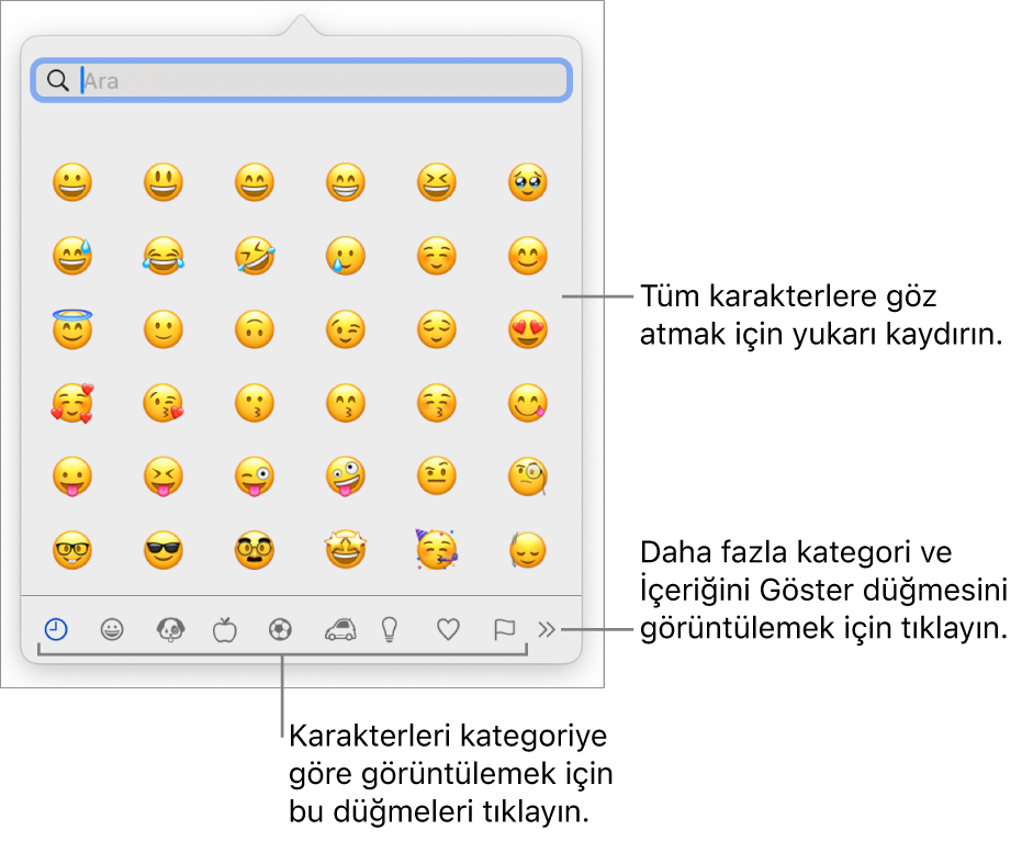 Emojileri, en altta farklı sembol kategorileri için düğmeleri ve daha fazla kategori gösterme düğmesi ile İçeriği Göster düğmesini gösteren Karakter Görüntüleyici.