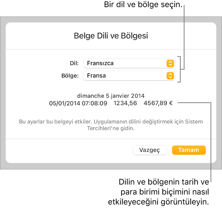 Dil ve bölge denetimleri ve tarih, saat, ondalık ve para birimi de dahil olmak üzere bir biçim örneği ile Dil ve Bölge bölümü.