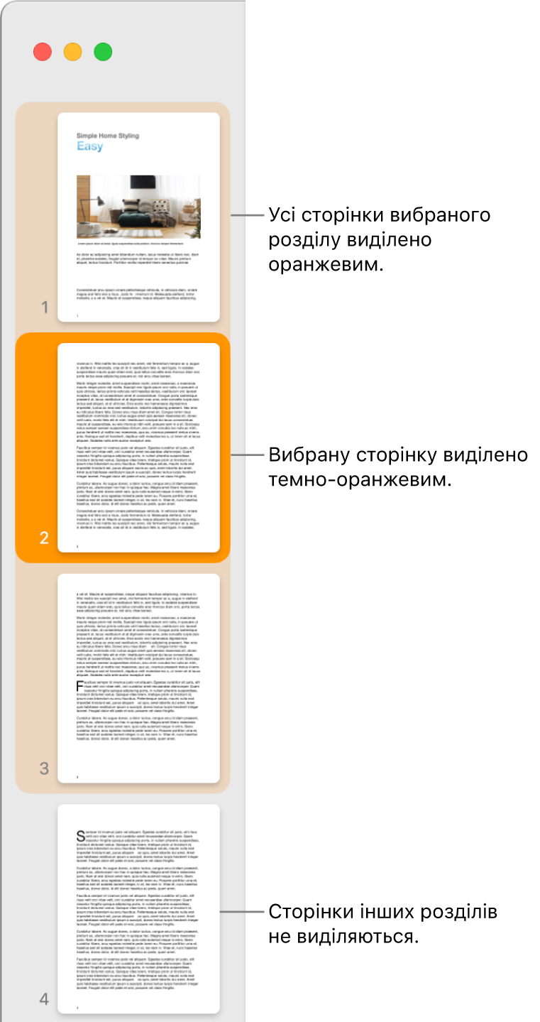 Бокова панель з переглядом мініатюр з вибраною сторінкою, підсвіченою темно-оранжевим, і розділом, підсвіченим світло-оранжевим.