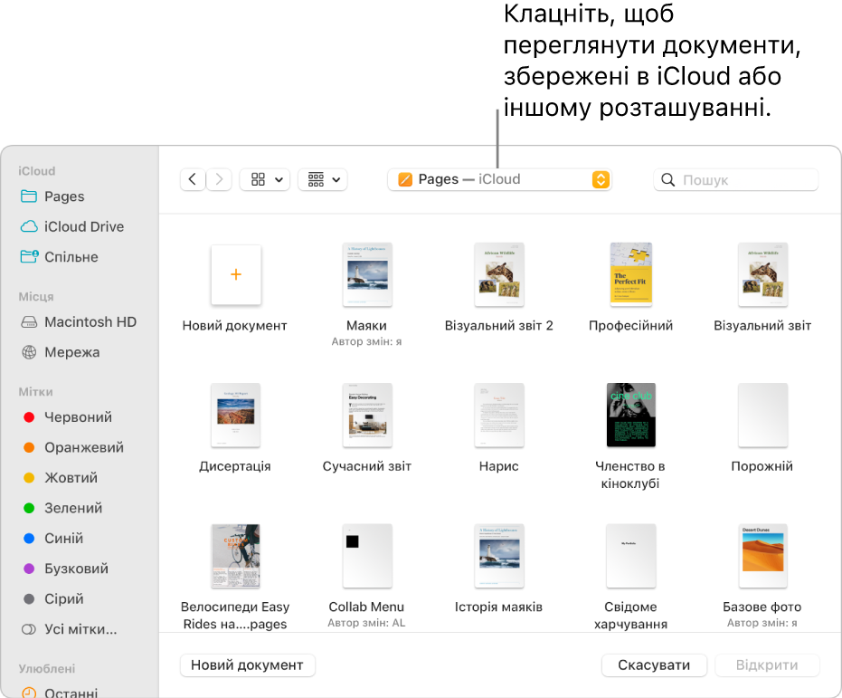 Діалогове вікно «Відкрити» з відкритою лівою бічною панеллю та вибраною іконкою iCloud Drive у спливному меню вгорі. У діалоговому вікні біля кнопки «Новий документ» також відображено папки Keynote, Numbers і Pages.