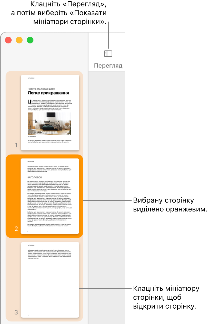 Бокова панель зліва вікна Pages з мініатюрами сторінок і вибраною сторінкою, виділеною темно-оранжевим.