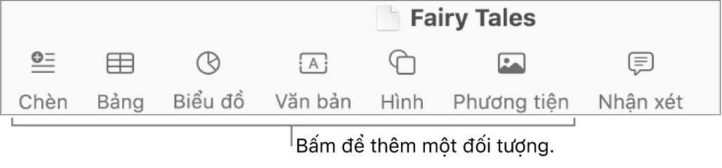 Thanh công cụ với các nút để thêm bảng, biểu đồ, văn bản, hình và phương tiện.