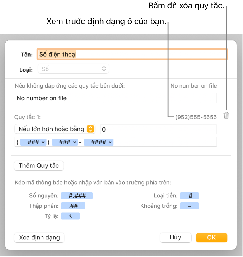 Cửa sổ định dạng ô tùy chỉnh với các điều khiển để chọn định dạng số tùy chỉnh.
