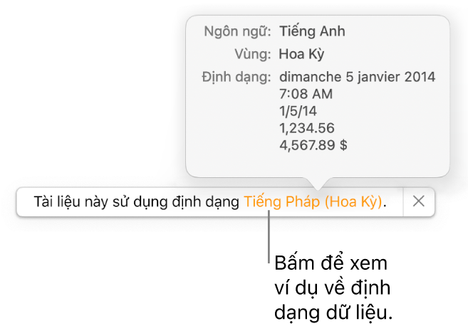 Thông báo về cài đặt ngôn ngữ và vùng khác, đang hiển thị các ví dụ về định dạng trong ngôn ngữ và vùng đó.