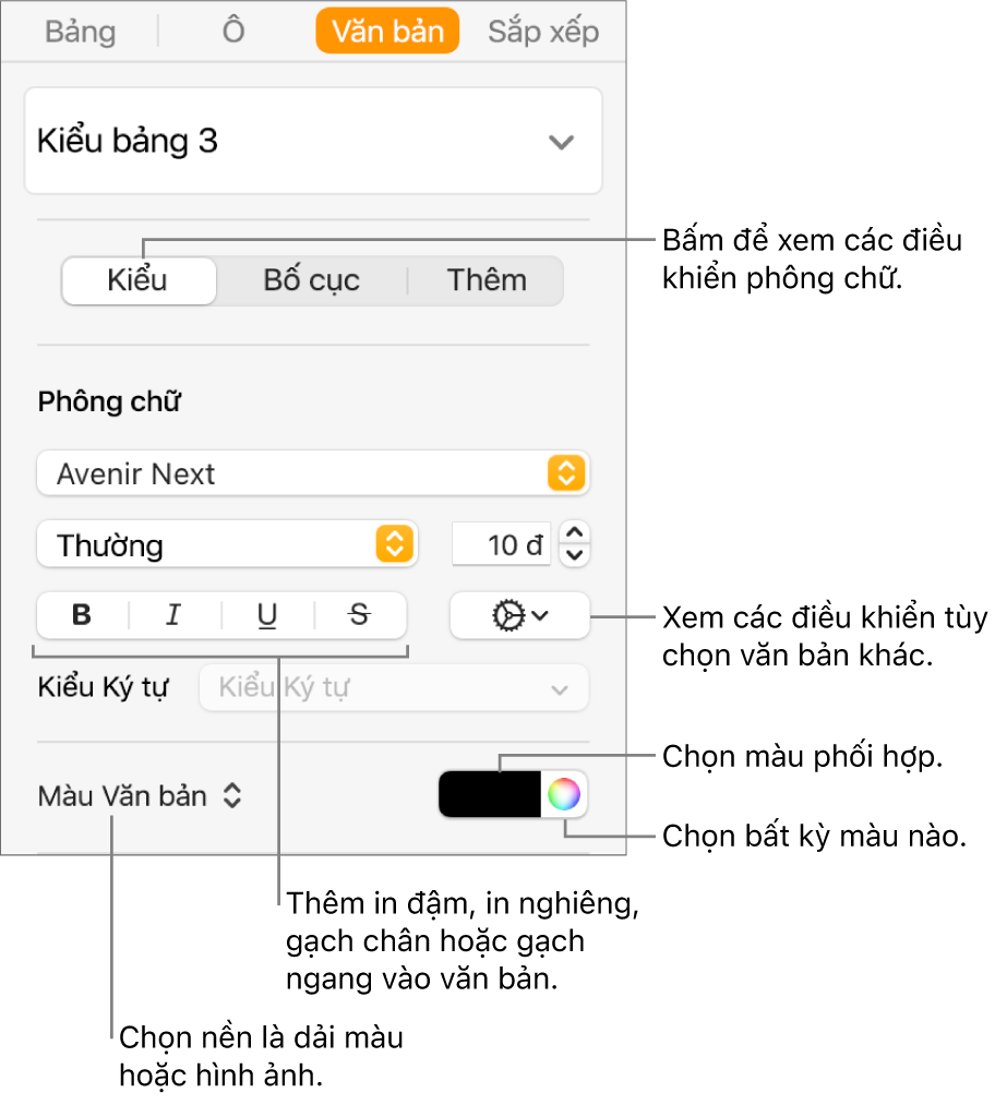Các điều khiển để tạo kiểu văn bản của bảng.