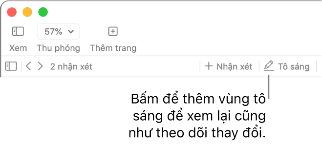 Thanh menu đang hiển thị menu Chèn và bên dưới đó là thanh công cụ Pages với các công cụ kiểm tra đang hiển và chỉ thị nút Tô sáng.