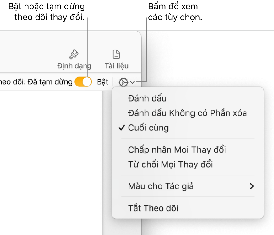Menu tùy chọn theo dõi hiển thị Tắt theo dõi ở cuối và các lời nhắc đến nút Bật theo dõi và Tạm dừng.
