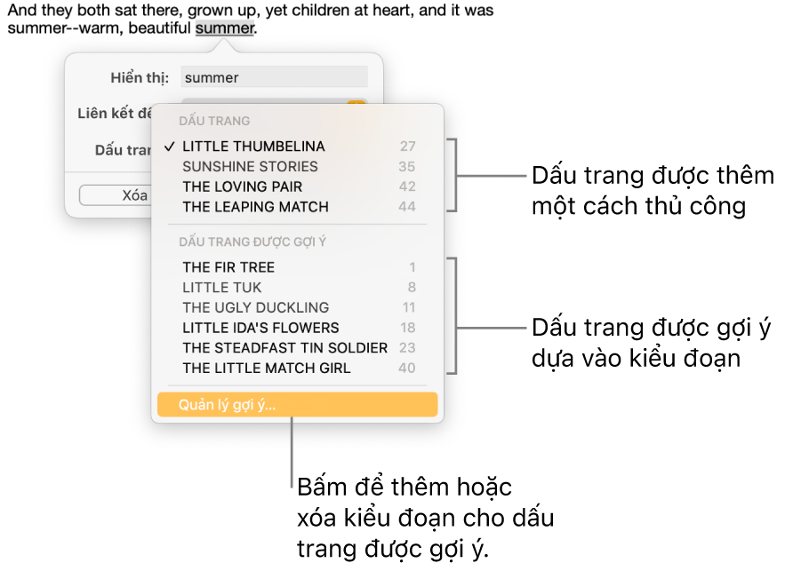Danh sách dấu trang với các dấu trang được thêm thủ công ở trên cùng và các dấu trang được gợi ý ở bên dưới. Tùy chọn Quản lý gợi ý nằm ở dưới cùng.