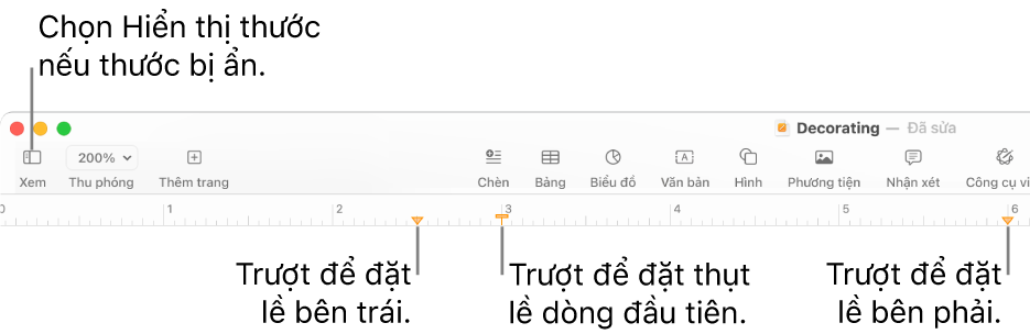 Thước có bộ điều khiển lề trái và bộ điều khiển thụt lề dòng đầu tiên.