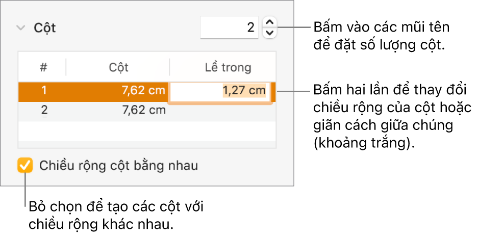 Khung Bố cục của Trình kiểm tra định dạng, hiển thị các điều khiển cột.
