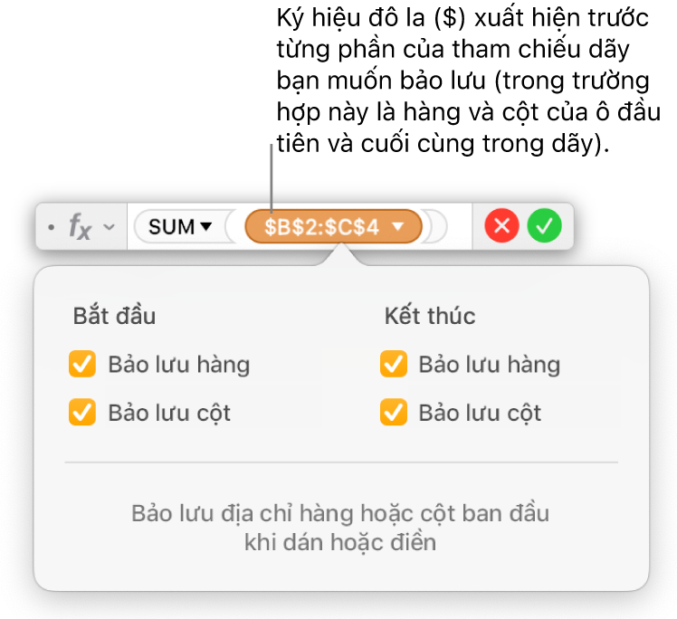 Trình sửa công thức đang hiển thị các tùy chọn Bảo lưu hàng và Bảo lưu cột được chọn cho một phạm vi nhất định.