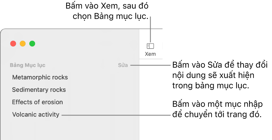 Bảng mục lục ở phía bên trái của cửa sổ Pages với nút Sửa ở góc trên cùng bên phải của thanh bên và các mục nhập bảng mục lục trong danh sách. Nút Xem ở góc trên cùng bên trái của thanh công cụ Pages, phía trên thanh bên.