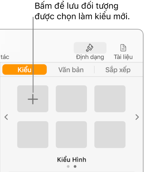 Tab Kiểu của thanh trượt Định dạng, với nút Tạo kiểu ở góc phía trên bên trái và năm trình giữ chỗ kiểu trống.