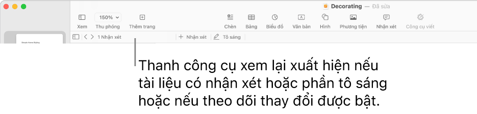 Thanh công cụ Pages ở đầu màn hình với các nút dọc trên cùng cho Xem, Thu phóng, Thêm trang, Chèn, Bảng, Biểu đồ, Văn bản, Hình, Phương tiện và Nhận xét. Bên dưới thanh công cụ Pages là thanh công cụ kiểm tra với nút ẩn hoặc hiển thị nhận xét, các mũi tên để đi tới nhận xét trước đó hoặc tiếp theo, tổng số nhận xét và các nút thêm nhận xét hoặc vùng tô sáng.