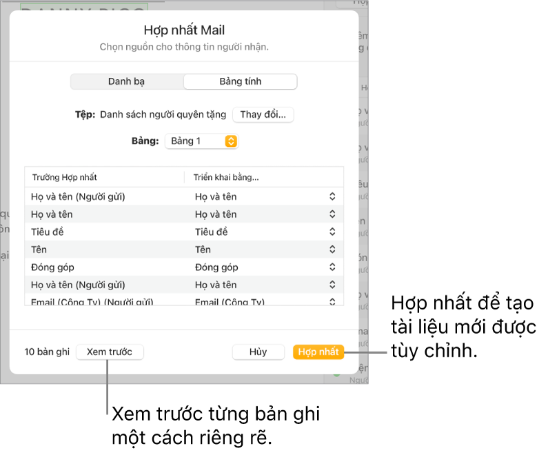 Khung Hợp nhất thư mở ra, với các tùy chọn để thay đổi tệp hoặc bảng nguồn, xem trước các tên trường hợp nhất hoặc hợp nhất tài liệu.