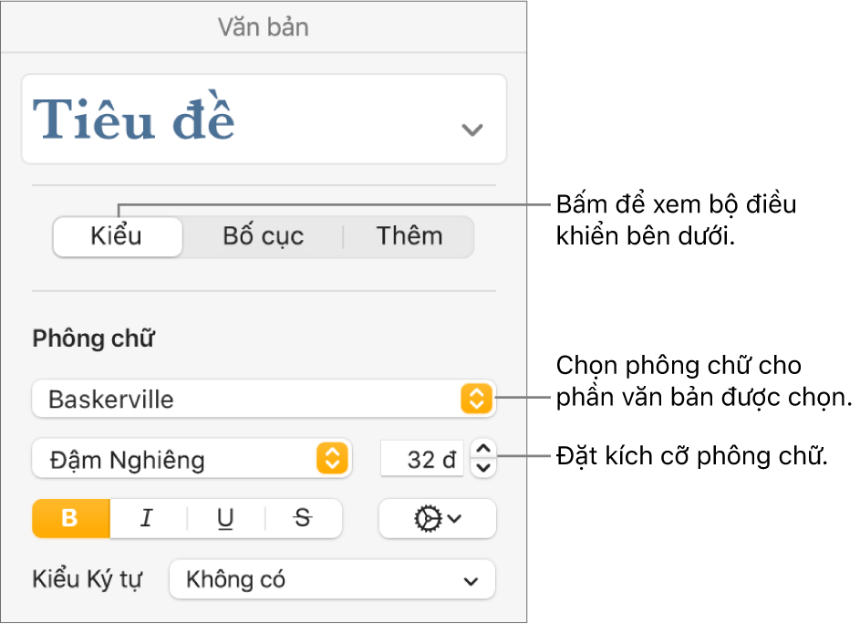 Các điều khiển văn bản trong phần Kiểu của thanh bên Định dạng để đặt phông chữ và kích cỡ phông chữ.