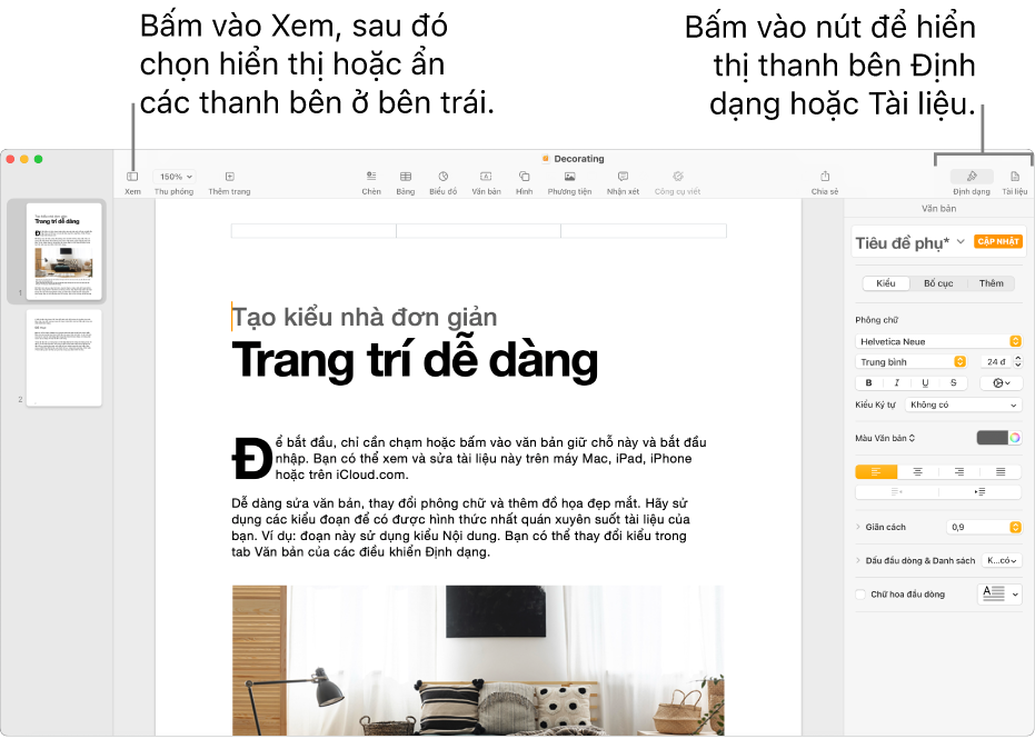 Cửa sổ Pages với các lời nhắc đến nút menu Xem và các nút Định dạng và Cửa sổ trên thanh công cụ. Các thanh bên mở ra ở bên trái và bên phải.