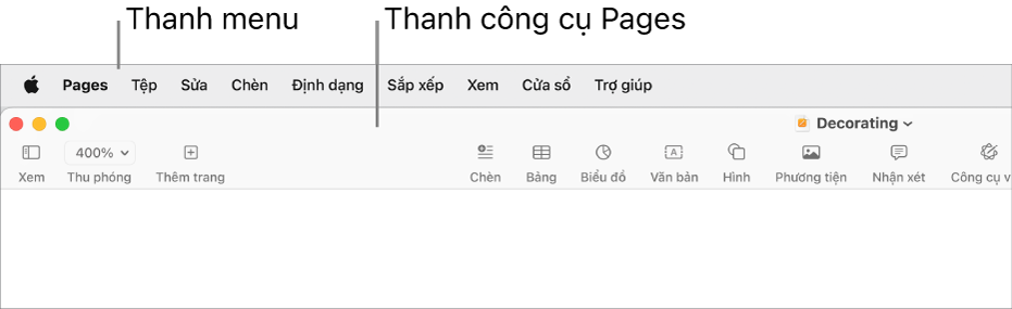 Thanh menu ở đầu màn hình với các menu Apple, Pages, Tệp, Sửa, Chèn, Định dạng, Sắp xếp, Xem, Cửa sổ và Trợ giúp. Bên dưới thanh menu là một tài liệu Pages đang mở với các nút thanh công cụ kéo dài theo cạnh trên cho Xem, Thu phóng, Thêm trang, Chèn, Bảng, Biểu đồ, Văn bản, Hình, Phương tiện, Nhận xét, Chia sẻ và Định dạng.