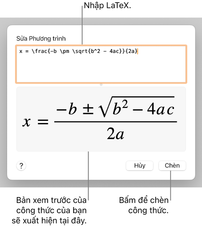 Công thức bậc hai được viết bằng LaTeX trong trường Phương trình và bản xem trước của công thức bên dưới.