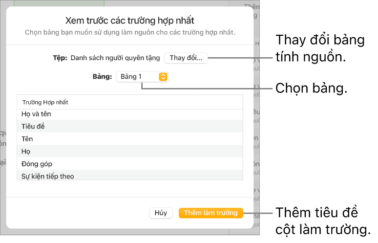 Khung Xem trước trường hợp nhất mở ra, với các tùy chọn để thay đổi tệp hoặc bảng nguồn, xem trước các tên trường hợp nhất hoặc thêm phần đầu cột làm trường.