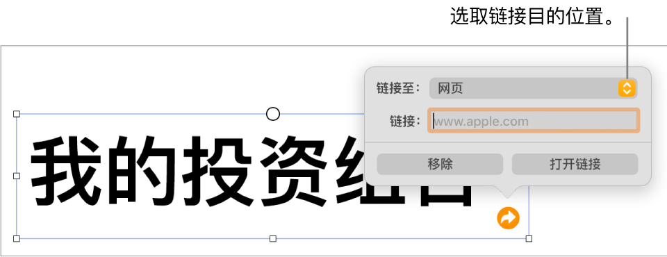 链接编辑器控制，“网页”已选中，“移除”和“打开链接”按钮位于底部。
