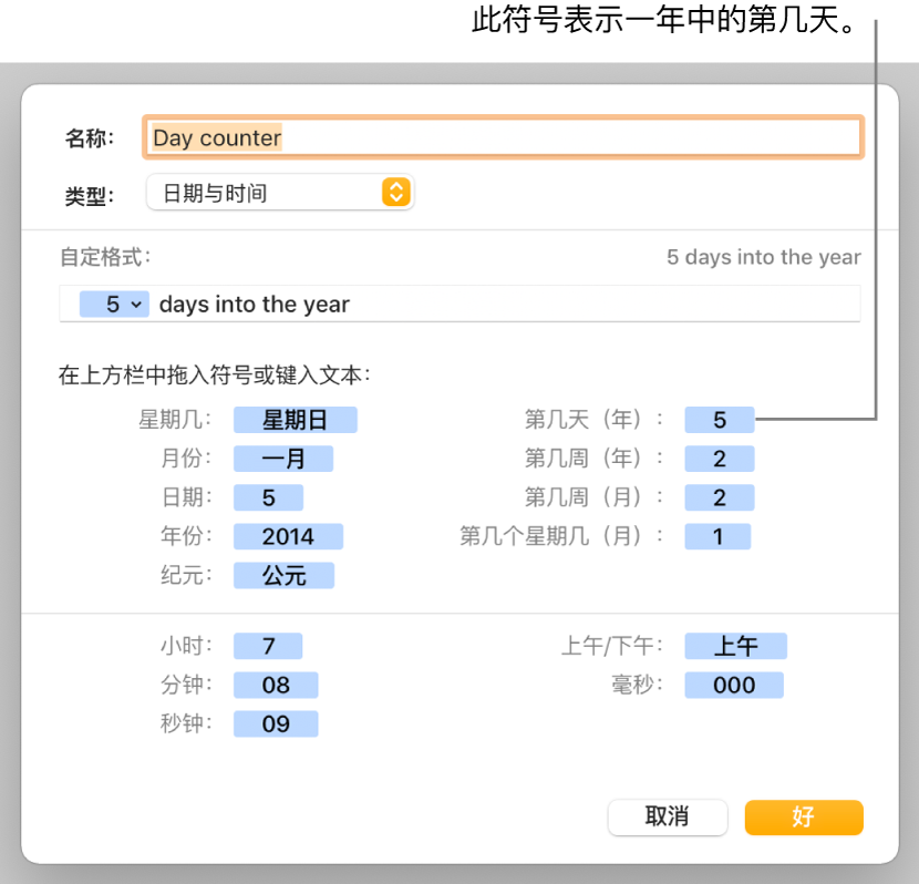 自定义单元格式窗口，带有用于选取自定义日期和时间格式的控制。