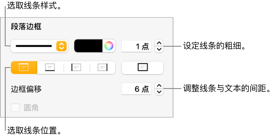 更改线条样式、粗细、位置和颜色的控制。