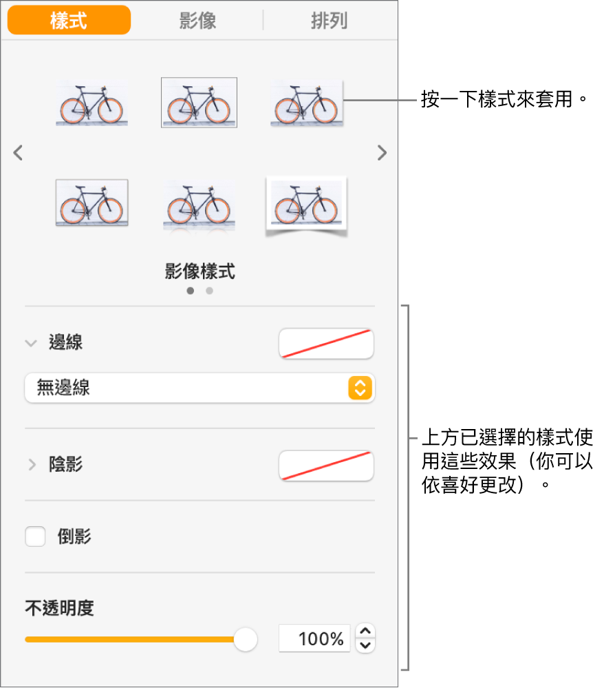 「格式」側邊欄的「樣式」分頁,其中顯示物件樣式的選項。