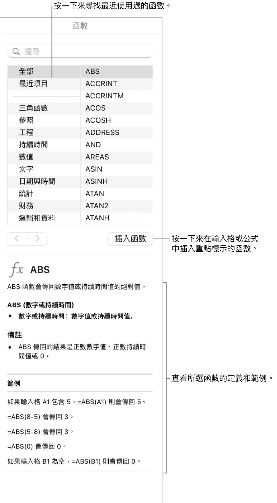 帶有説明文字的「函數瀏覽器」，指出最近使用的函數、「插入函數」按鈕以及函數定義。