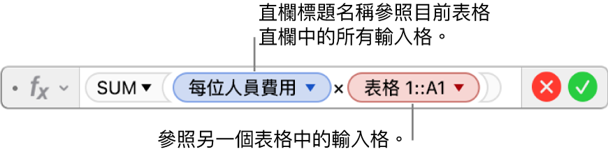 顯示公式的「公式編輯器」,其參照一個表格中的直欄與另一個表格中的輸入格。