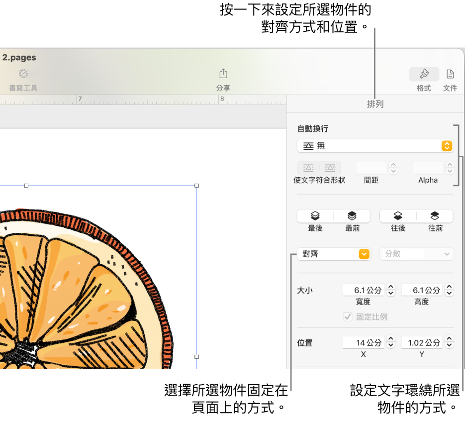 顯示「排列」側邊欄的「格式」選單。「排列」側邊欄的最上方為「物件放置方式」設定,下方為「文字環繞」設定。