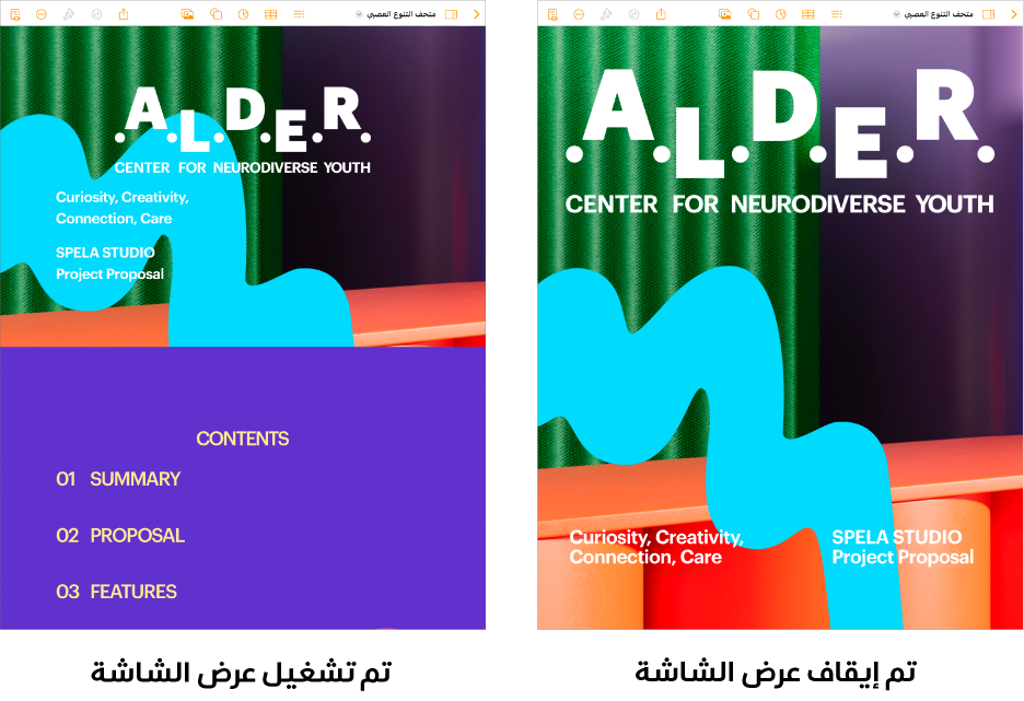 طريقتا عرض لمستند Pages نفسه، إحداهما مع تشغيل عرض الشاشة والأخرى مع إيقاف عرض الشاشة. في النسخة التي فيها عرض الشاشة مشغَّل، تم ضبط حجم النص للشاشة وتم إخفاء فواصل الصفحات والعناوين.