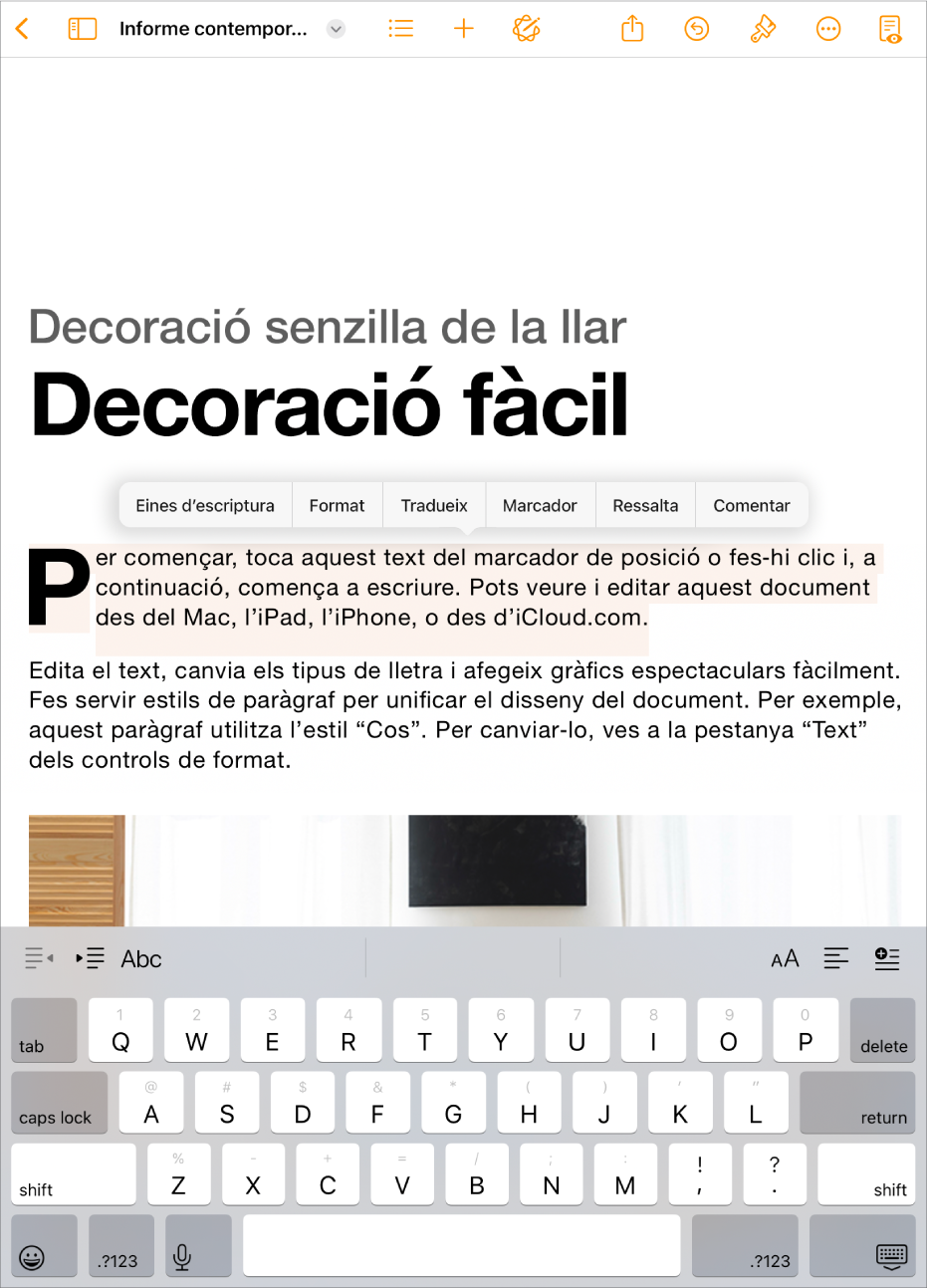 Document del Pages obert amb el text de marcador de posició seleccionat.