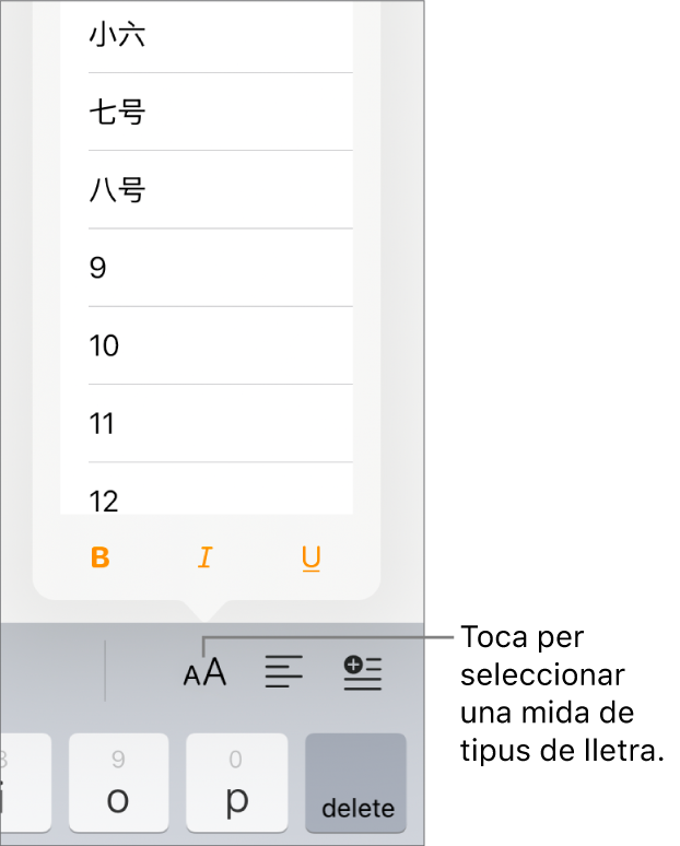 El botó “Mida de lletra” a la part dreta del teclat de l’iPad amb el menú “Mida de lletra” obert. Les mides de lletra estàndard del govern de la Xina continental es mostren a la part superior del menú amb les mides en punts a sota.