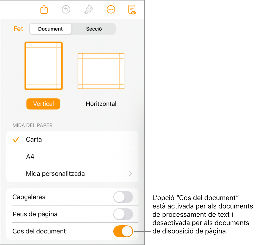 Els controls de “Format del document” amb l’opció “Cos del document” activada cap a la part inferior de la pantalla.